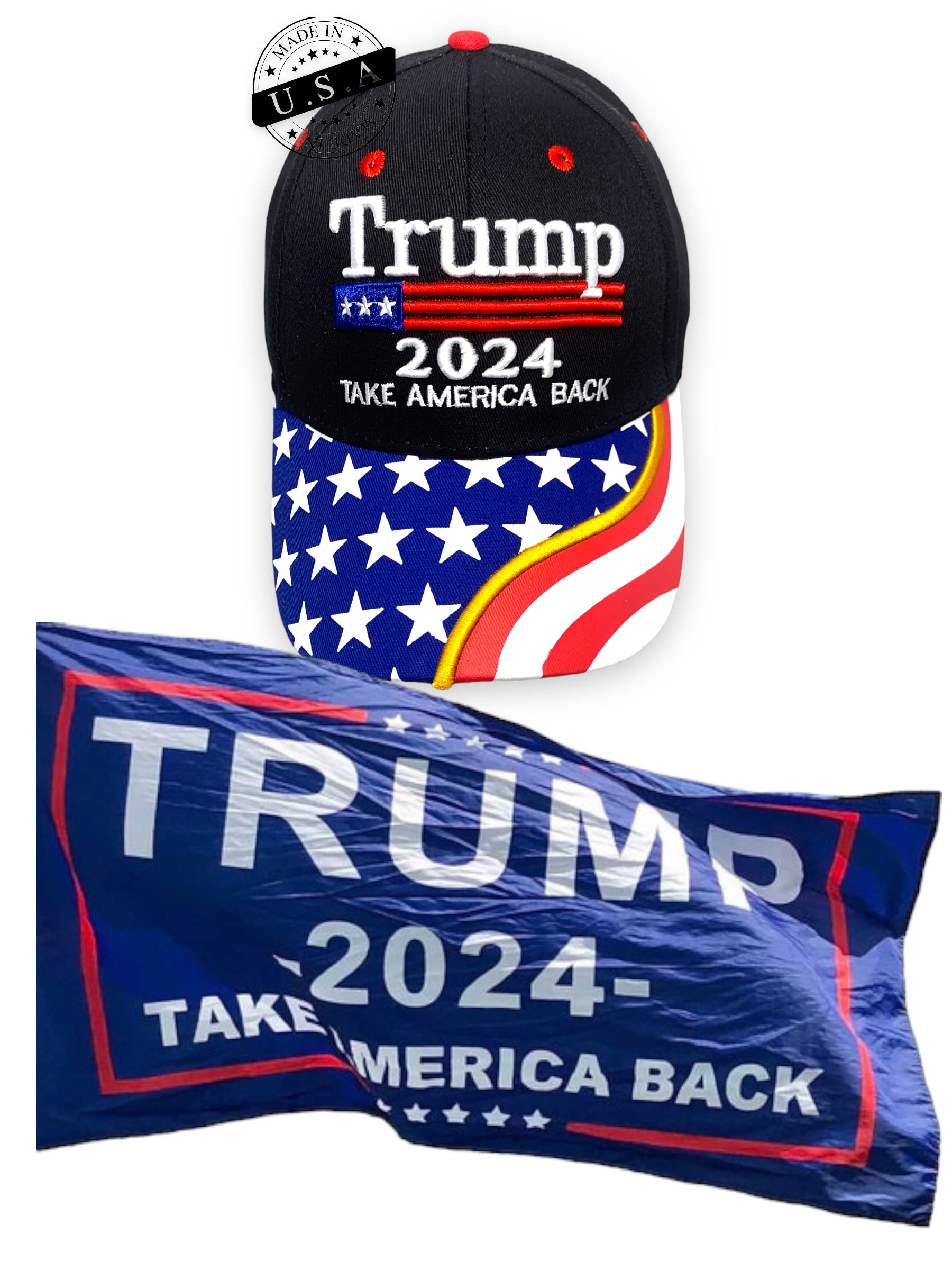 Made in USA Trump 2024 Hat Baseball Cap - Take America Flag 3 * 5 FT - MAGA Adjustable Trucker Cap for Men Women - Made in USA Black