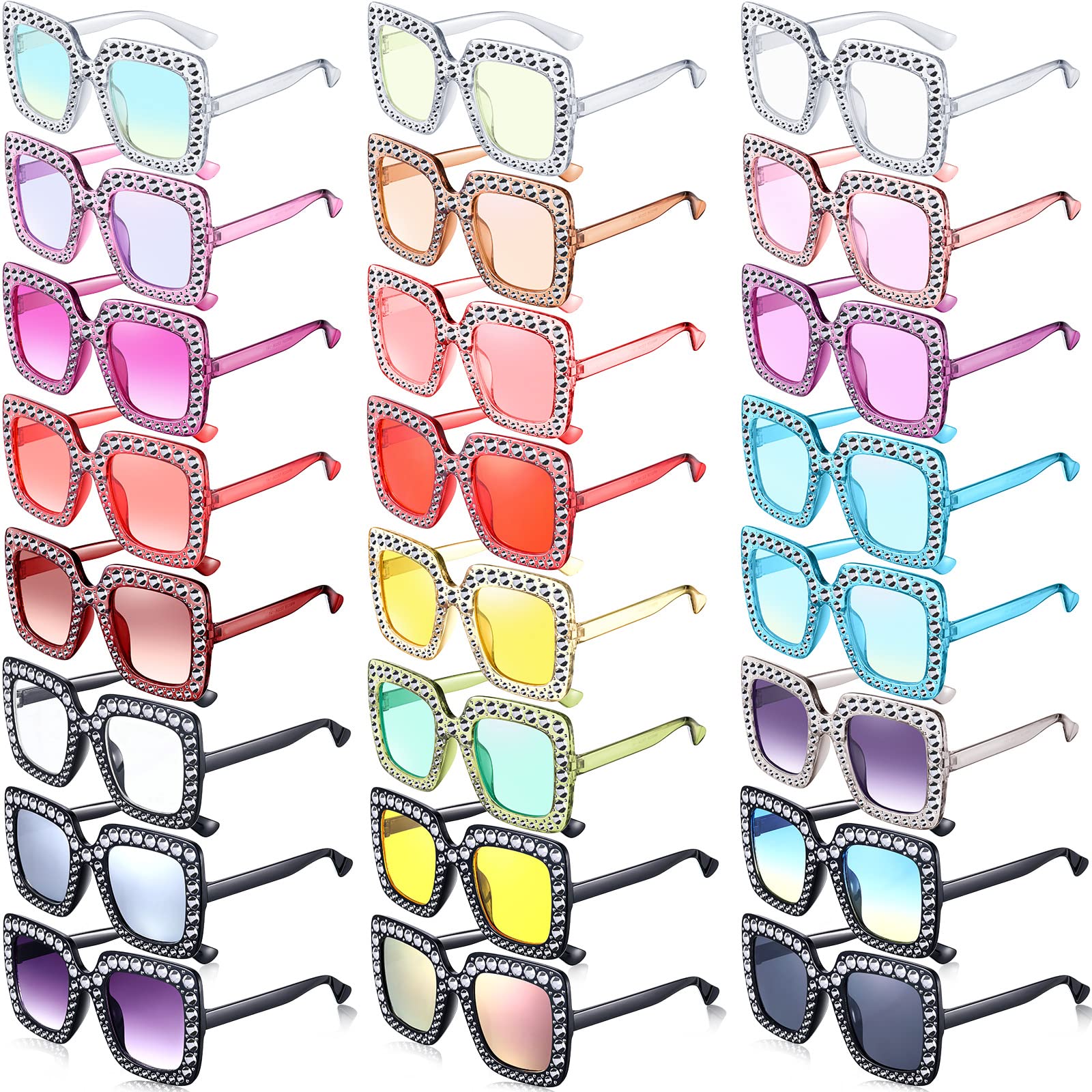 Chuangdi 24 Pairs Women Disco 70s Rhinestone Crystal Sunglasses Bulk 5.7 x 1.8 Large Square Sparkling Sunglasses Thick Frame Diamond Bling Bling Shape Sequins Glass Colorful Retro Party Supplies