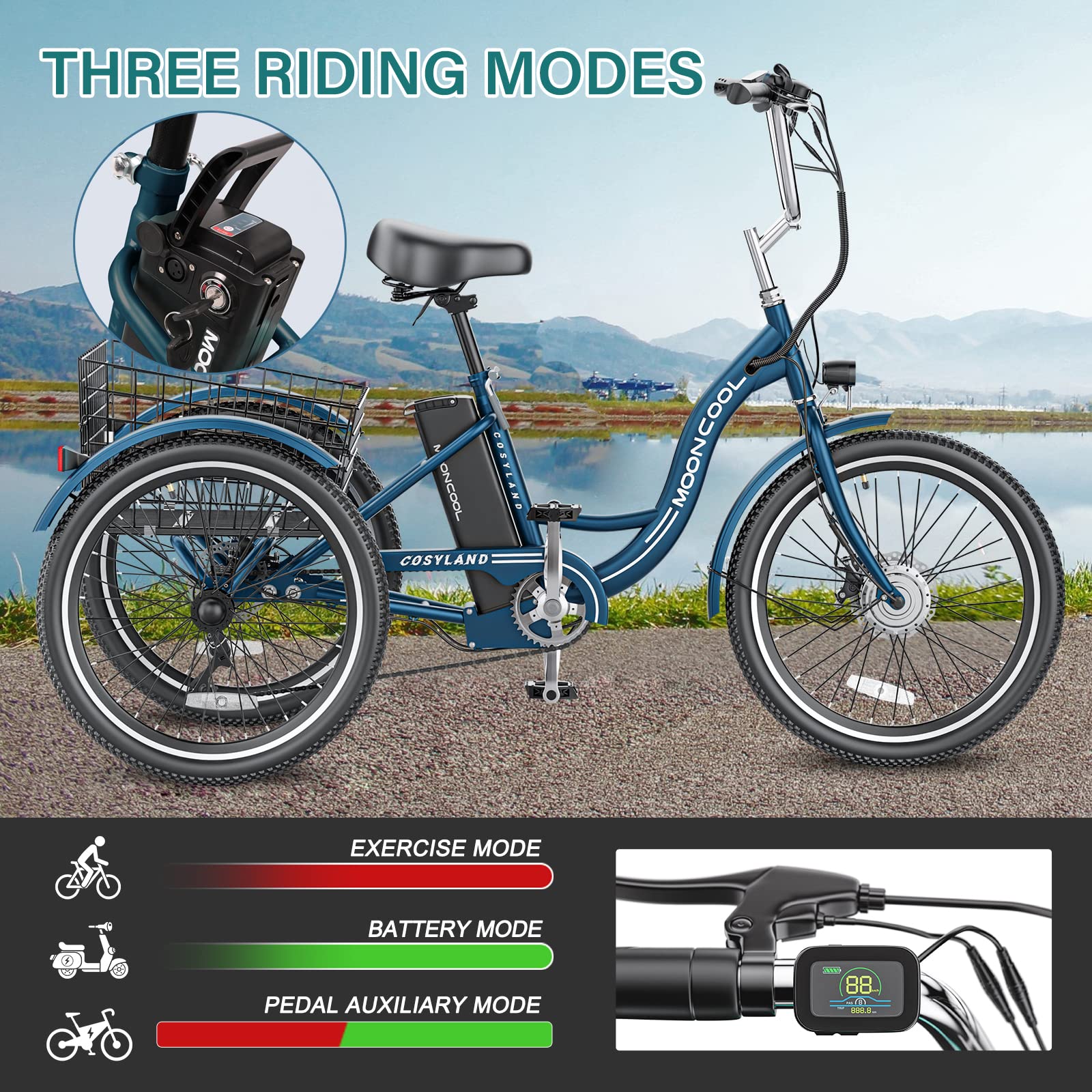 H&ZT 350W Electric Trike, 7 Speed 3 Wheel Electric Bicycle with 36V 10Ah Lithium Battery UL Certified, 24" E Trike Electric Tricycle for Adults with Rear Basket