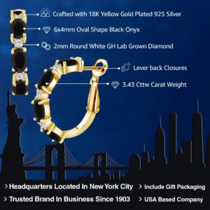 Gem Stone King 18K Yellow Gold Plated Silver Black Onyx and White Lab Grown Diamond Hoop Earrings For Women (3.43 Cttw Gemstone Birthstone, Oval 6X4MM and Round 2MM)