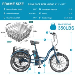 H&ZT 350W Electric Trike, 7 Speed 3 Wheel Electric Bicycle with 36V 10Ah Lithium Battery UL Certified, 24" E Trike Electric Tricycle for Adults with Rear Basket