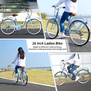 MEGHNA Cruiser Bike Low Step-Through 26inch Commuter Bike V - Brake 7 Speed Shifter Driven City Bike for Women Senior Men (Beige)