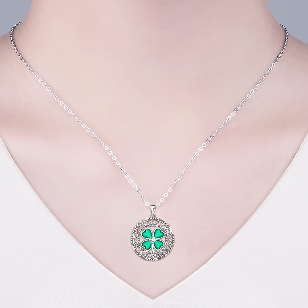 Shamrock Necklace St Patricks Day Necklace Four Leaf Clover Necklace for Women Sterling Silver Celtic Knot Irish Green 4 Leaf Clover Necklaces Jewelry Pendant Lucky Saint Patricks Gifts