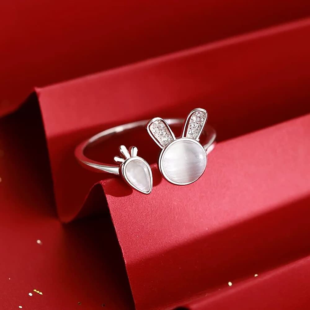 Cute Rabbit Carrot Open Stacking Ring for Women Teen Girls Cubic Zirconia Crystal Cat Eye Stone Bunny Adjustable Statement Knuckle Finger Bands Promise Eternity Rings Dainty Jewelry Gifts Easter