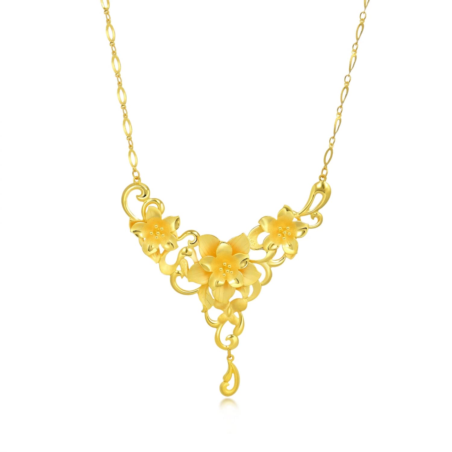 CHOW SANG SANG Chinese Wedding Collection 999.9 24K Solid Gold Price-by-Weight 24.7g Gold Floral Blooming Necklace for Women and Wedding Occasions 90418N | 18.5", (47 CM)