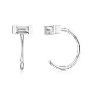 SEVENWELL Hug Half Hoop Earring, Baguette Cut Cubic Zirconia 925 Sterling Silver Open Hoop Earring