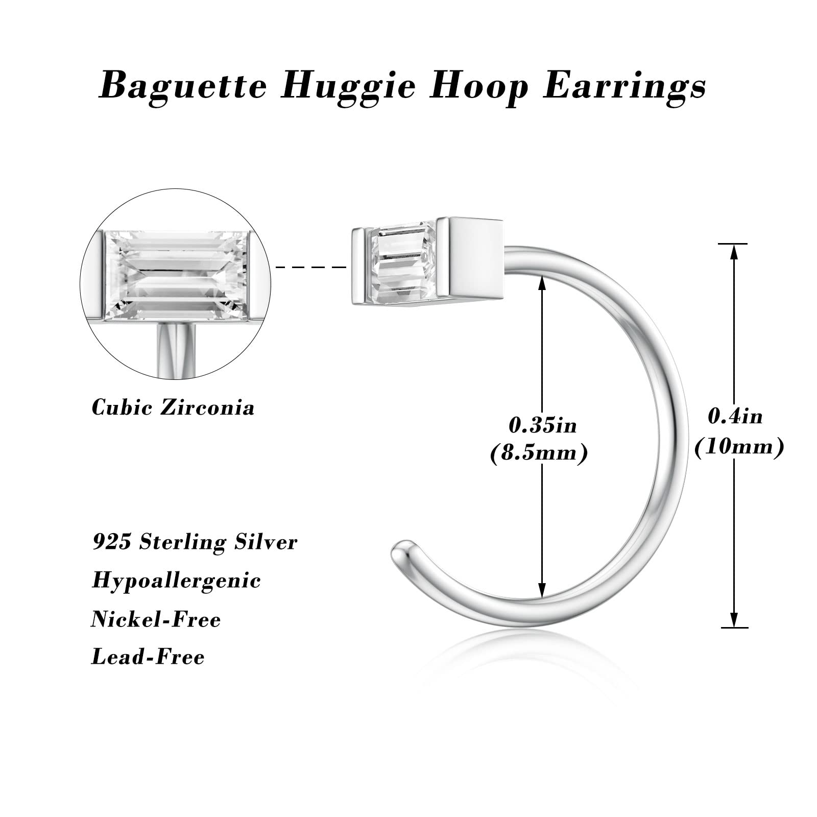 SEVENWELL Hug Half Hoop Earring, Baguette Cut Cubic Zirconia 925 Sterling Silver Open Hoop Earring