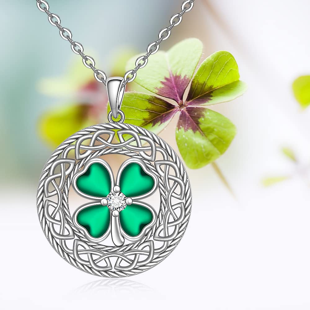 Shamrock Necklace St Patricks Day Necklace Four Leaf Clover Necklace for Women Sterling Silver Celtic Knot Irish Green 4 Leaf Clover Necklaces Jewelry Pendant Lucky Saint Patricks Gifts