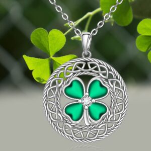 Shamrock Necklace St Patricks Day Necklace Four Leaf Clover Necklace for Women Sterling Silver Celtic Knot Irish Green 4 Leaf Clover Necklaces Jewelry Pendant Lucky Saint Patricks Gifts