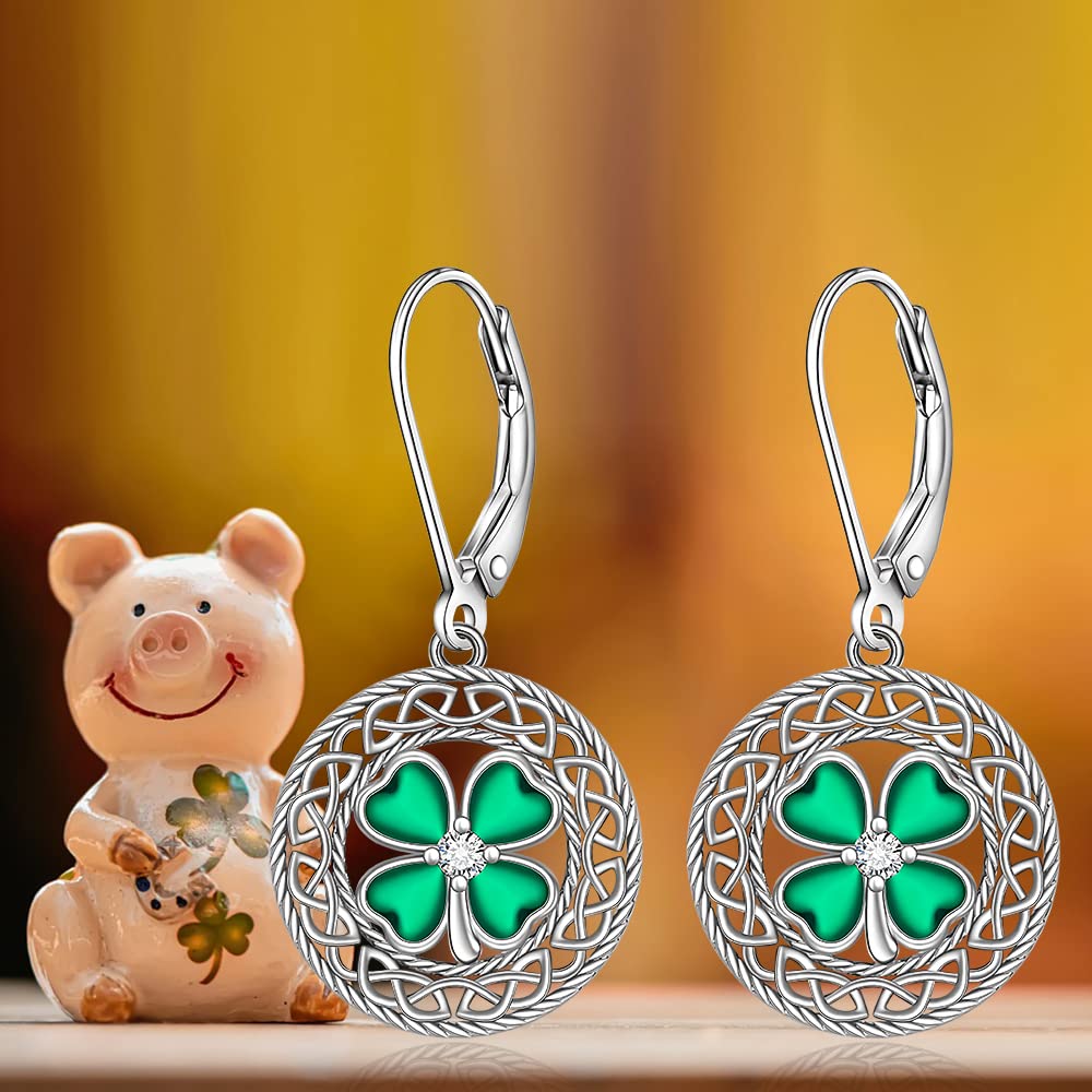 Shamrock Earrings St Patricks Day Earrings for Women Celtic Knot Irish Leverback Drop Sterling Silver Four Leaf Clover Earrings Green Jewelry