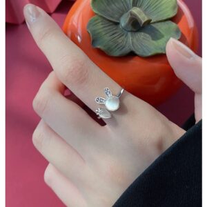 Cute Rabbit Carrot Open Stacking Ring for Women Teen Girls Cubic Zirconia Crystal Cat Eye Stone Bunny Adjustable Statement Knuckle Finger Bands Promise Eternity Rings Dainty Jewelry Gifts Easter