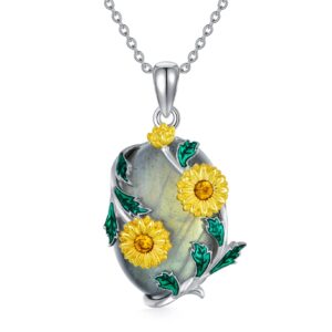 Plesitep Sunflower Necklace Sterling Silver Labradorite Sunflower Pendant Necklace Jewelry present for Women