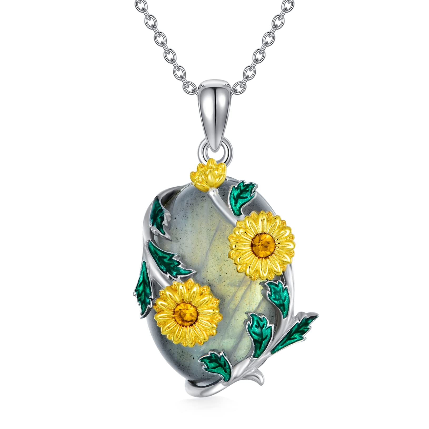 Plesitep Sunflower Necklace Sterling Silver Labradorite Sunflower Pendant Necklace Jewelry present for Women