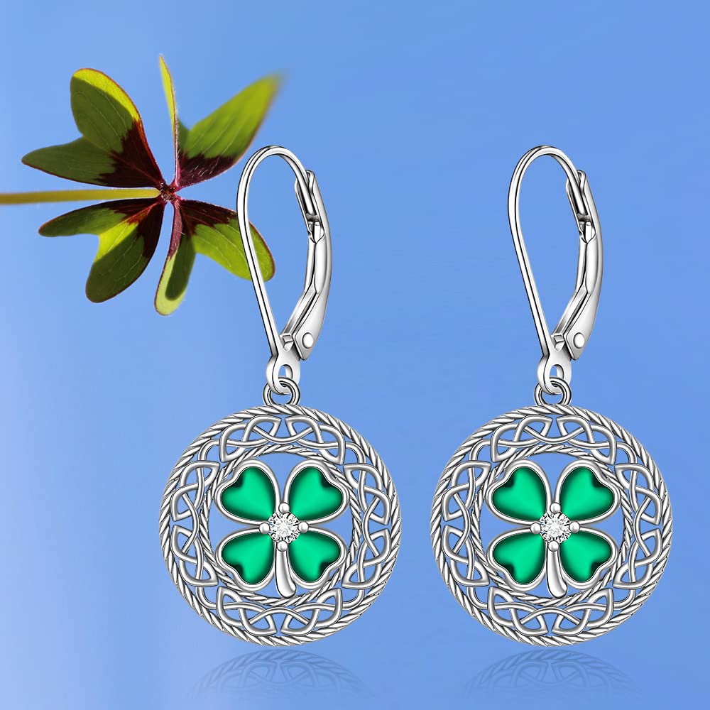 Shamrock Earrings St Patricks Day Earrings for Women Celtic Knot Irish Leverback Drop Sterling Silver Four Leaf Clover Earrings Green Jewelry