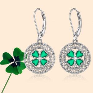 Shamrock Earrings St Patricks Day Earrings for Women Celtic Knot Irish Leverback Drop Sterling Silver Four Leaf Clover Earrings Green Jewelry