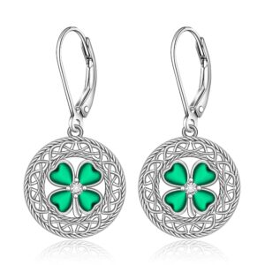 Shamrock Earrings St Patricks Day Earrings for Women Celtic Knot Irish Leverback Drop Sterling Silver Four Leaf Clover Earrings Green Jewelry