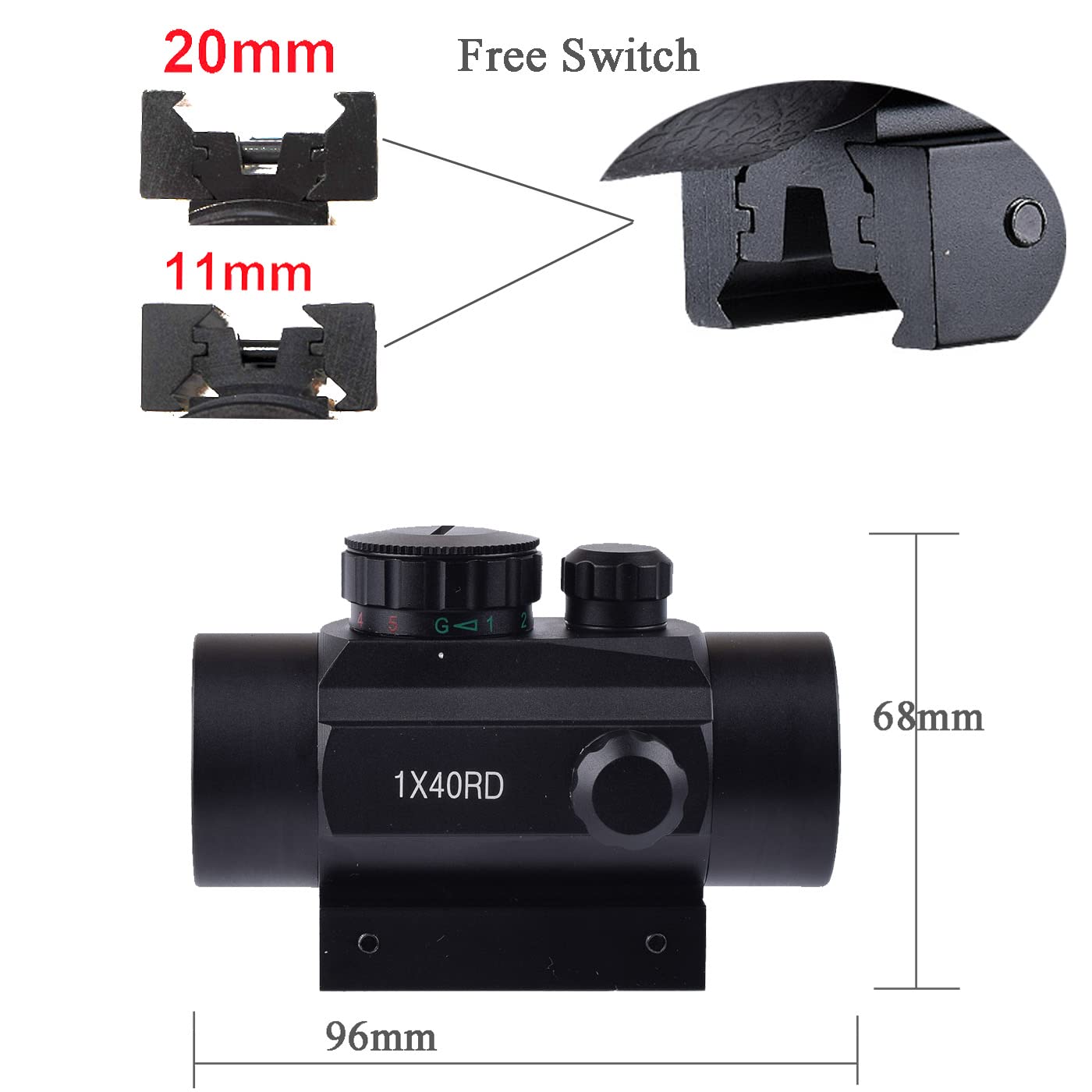 CTOPTIC Tactical 1x40mm Reflex Red Green Dot Sight Riflescope with Free 11mm & 20mm Mount Rails