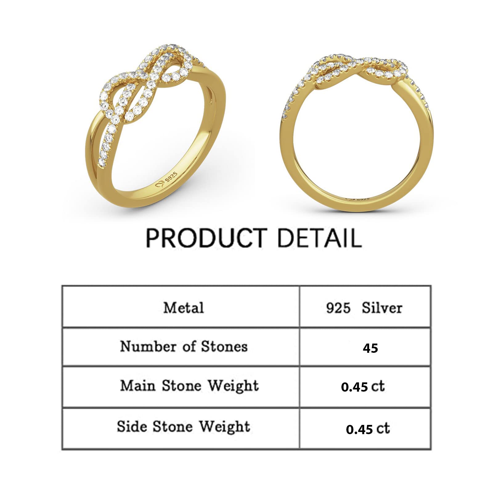 Jeulia Infinity Knot Design Sterling Silver Band for Engagement Anniversary Eternity Promise Wedding Band Ring Set With Jewelry Box (Yellow Gold, 7.5)