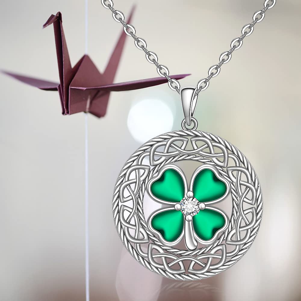 Shamrock Necklace St Patricks Day Necklace Four Leaf Clover Necklace for Women Sterling Silver Celtic Knot Irish Green 4 Leaf Clover Necklaces Jewelry Pendant Lucky Saint Patricks Gifts