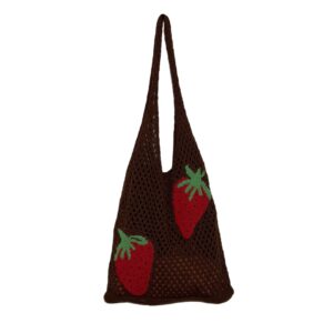 alafime women's shoulder handbags aesthetic knitted hobo bag cute hollow strawberry bag y2k underarm bag beach bag y2k shoulder cute flower knitting tote (brown)