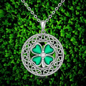 Shamrock Necklace St Patricks Day Necklace Four Leaf Clover Necklace for Women Sterling Silver Celtic Knot Irish Green 4 Leaf Clover Necklaces Jewelry Pendant Lucky Saint Patricks Gifts