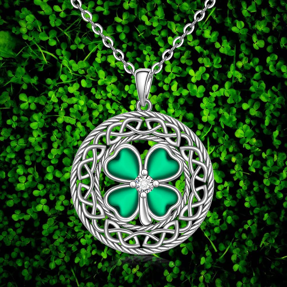 Shamrock Necklace St Patricks Day Necklace Four Leaf Clover Necklace for Women Sterling Silver Celtic Knot Irish Green 4 Leaf Clover Necklaces Jewelry Pendant Lucky Saint Patricks Gifts