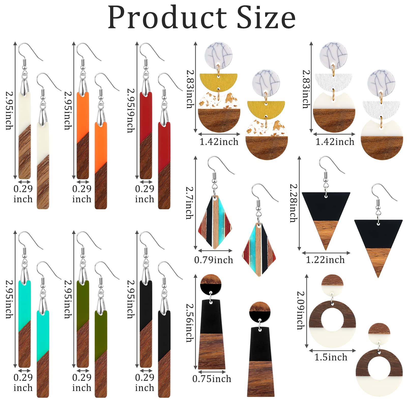 Henoyso 12 Pairs Wooden Earrings for Women Boho Dangle Earrings Geometric Earrings Lightweight Studs Resin Statement Earring (Classic Style)