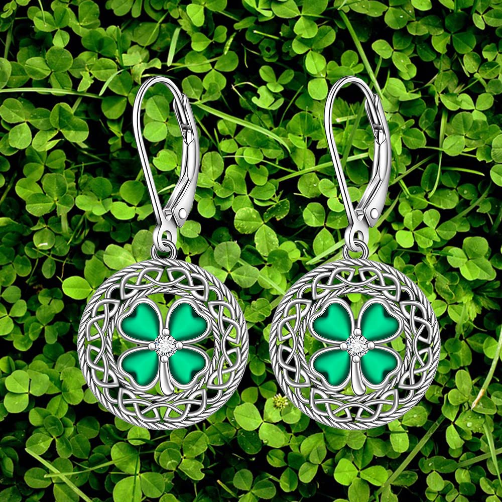 Shamrock Earrings St Patricks Day Earrings for Women Celtic Knot Irish Leverback Drop Sterling Silver Four Leaf Clover Earrings Green Jewelry