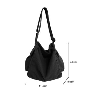 Canvas Tote Bag Hobo Crossbody Handbag Big Capacity Messenger Bag with Multiple Pockets Casual Shoulder Bag for Women Men (Black)