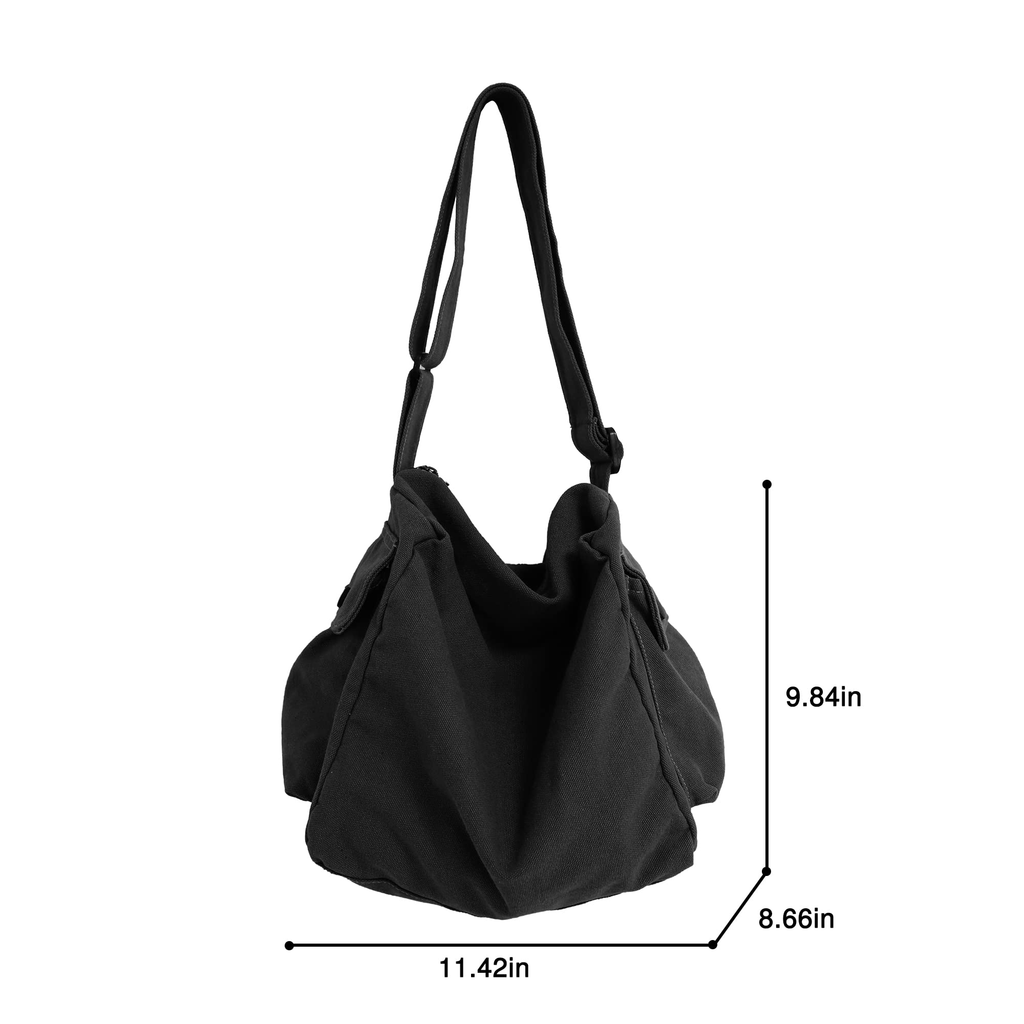 Canvas Tote Bag Hobo Crossbody Handbag Big Capacity Messenger Bag with Multiple Pockets Casual Shoulder Bag for Women Men (Black)