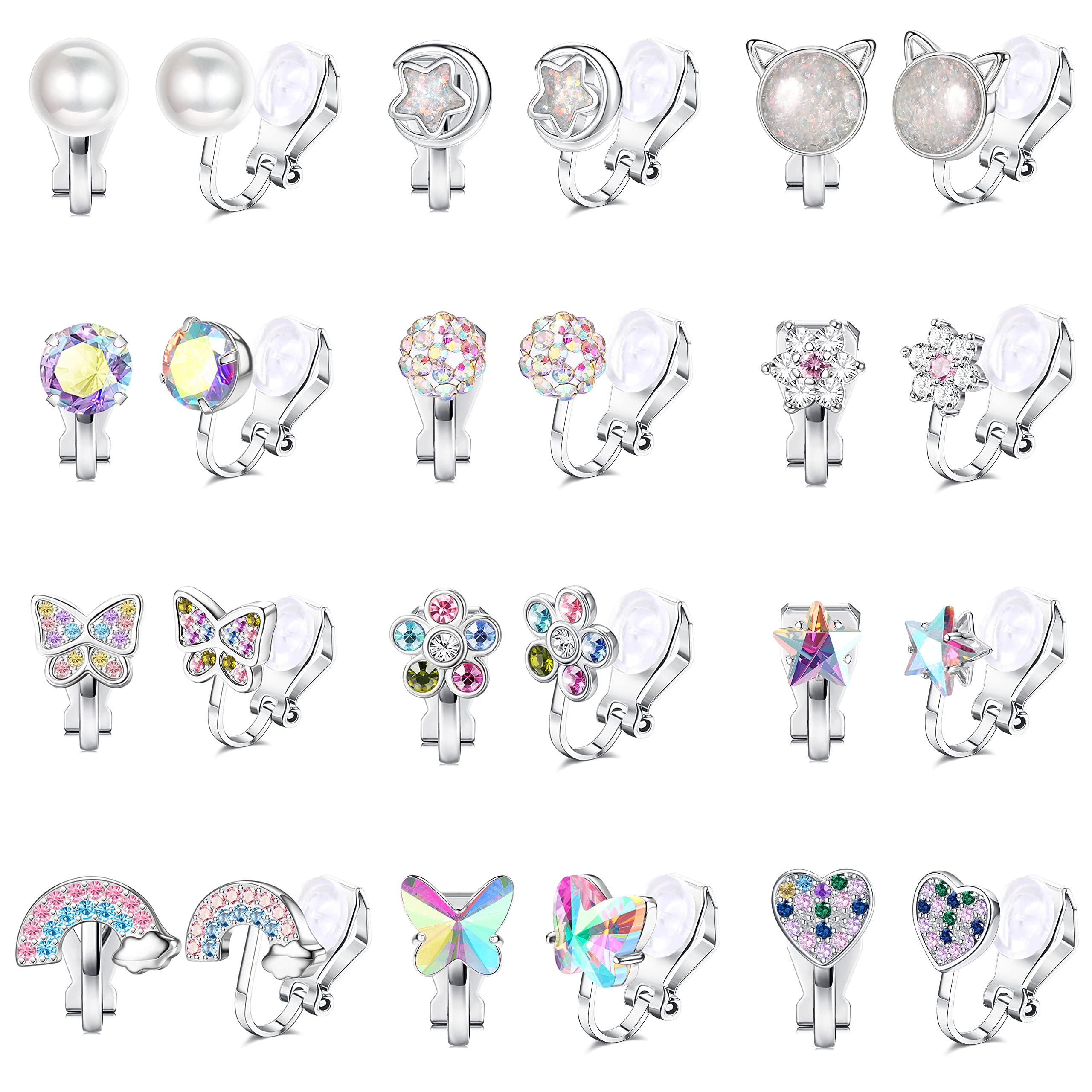 CASSIECA 12 Pairs Cute Clip on Earrings for Women Hypoallergenic Butterfly Flower Pearl Rainbow CZ Clip-on Earrings Women Multicolored Non-Pierced Earrings Set