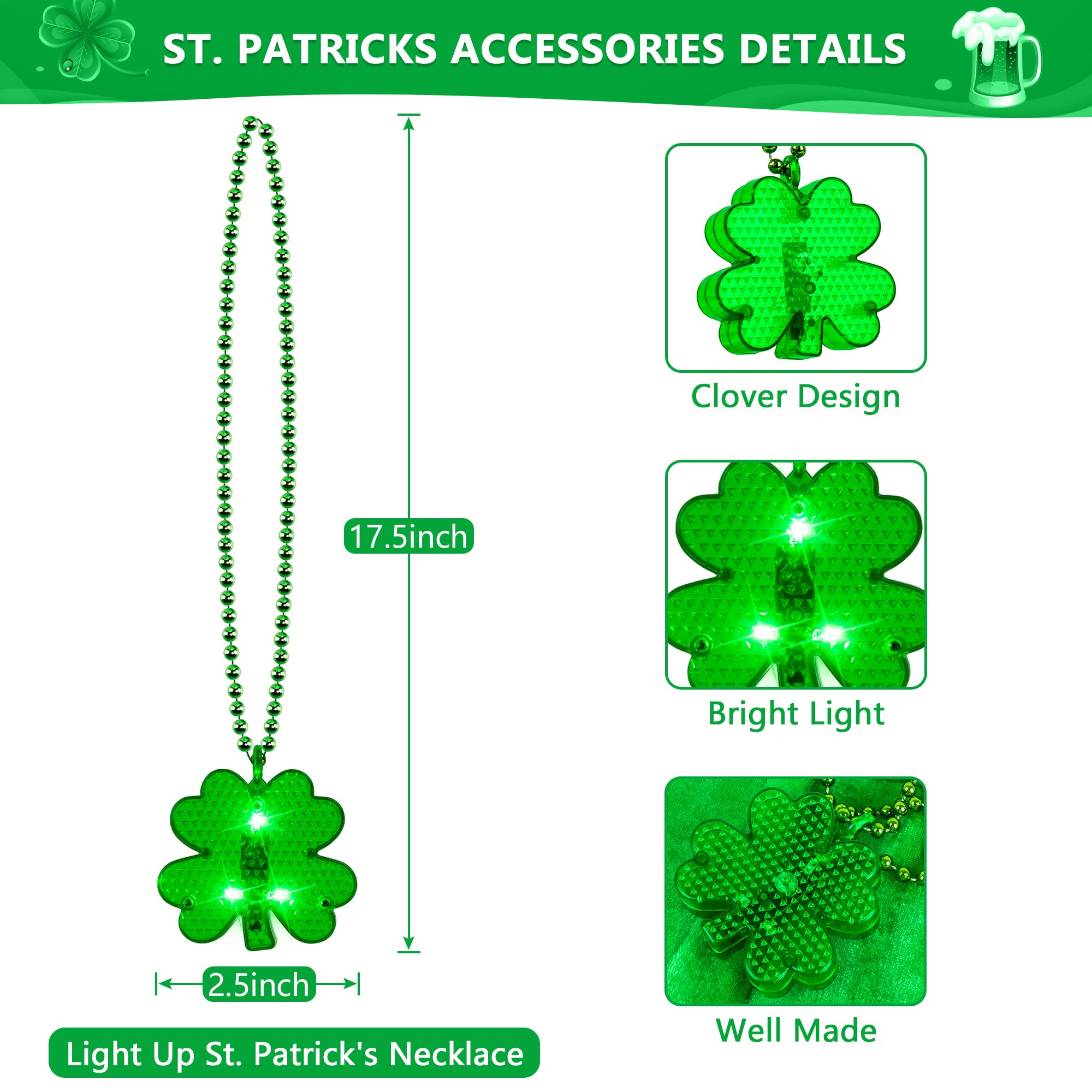 EOBOH 4PCS St Patrick's Day Necklace Accessories, Light up St Patricks Day Green Beads, Irish Shamrock Bulk 3D St Patricks Day Decorations Bulk Parade Procession Party Favor Celebrations