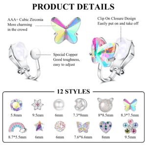 CASSIECA 12 Pairs Cute Clip on Earrings for Women Hypoallergenic Butterfly Flower Pearl Rainbow CZ Clip-on Earrings Women Multicolored Non-Pierced Earrings Set