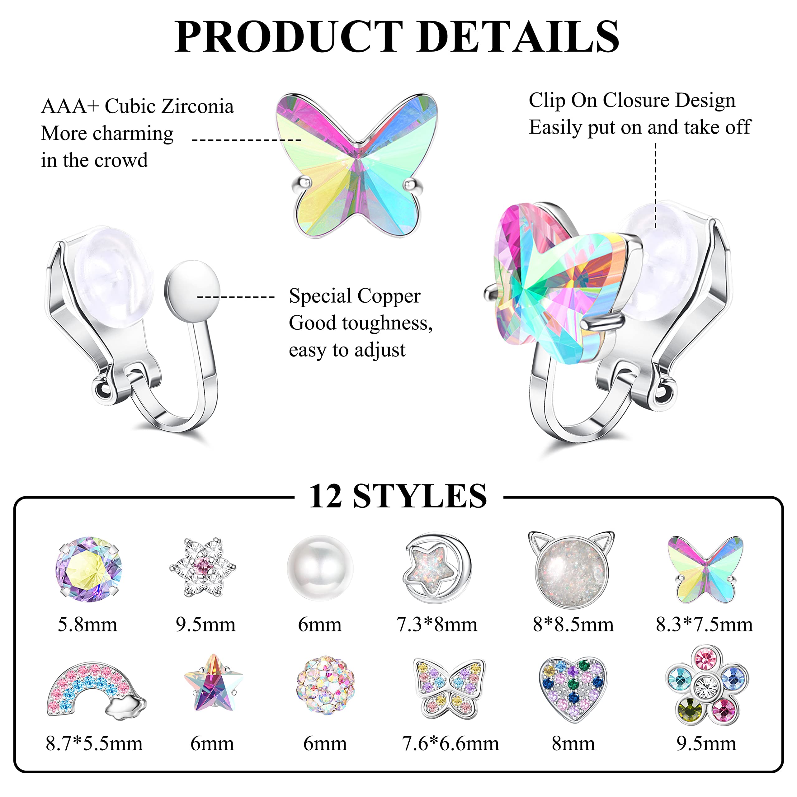 CASSIECA 12 Pairs Cute Clip on Earrings for Women Hypoallergenic Butterfly Flower Pearl Rainbow CZ Clip-on Earrings Women Multicolored Non-Pierced Earrings Set