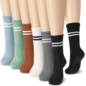 6 Pairs Women Long Pilates Grip Socks with Non Slip Crew Grippy Socks with Stripe for Sports Yoga Barre Ballet (Classic Color)