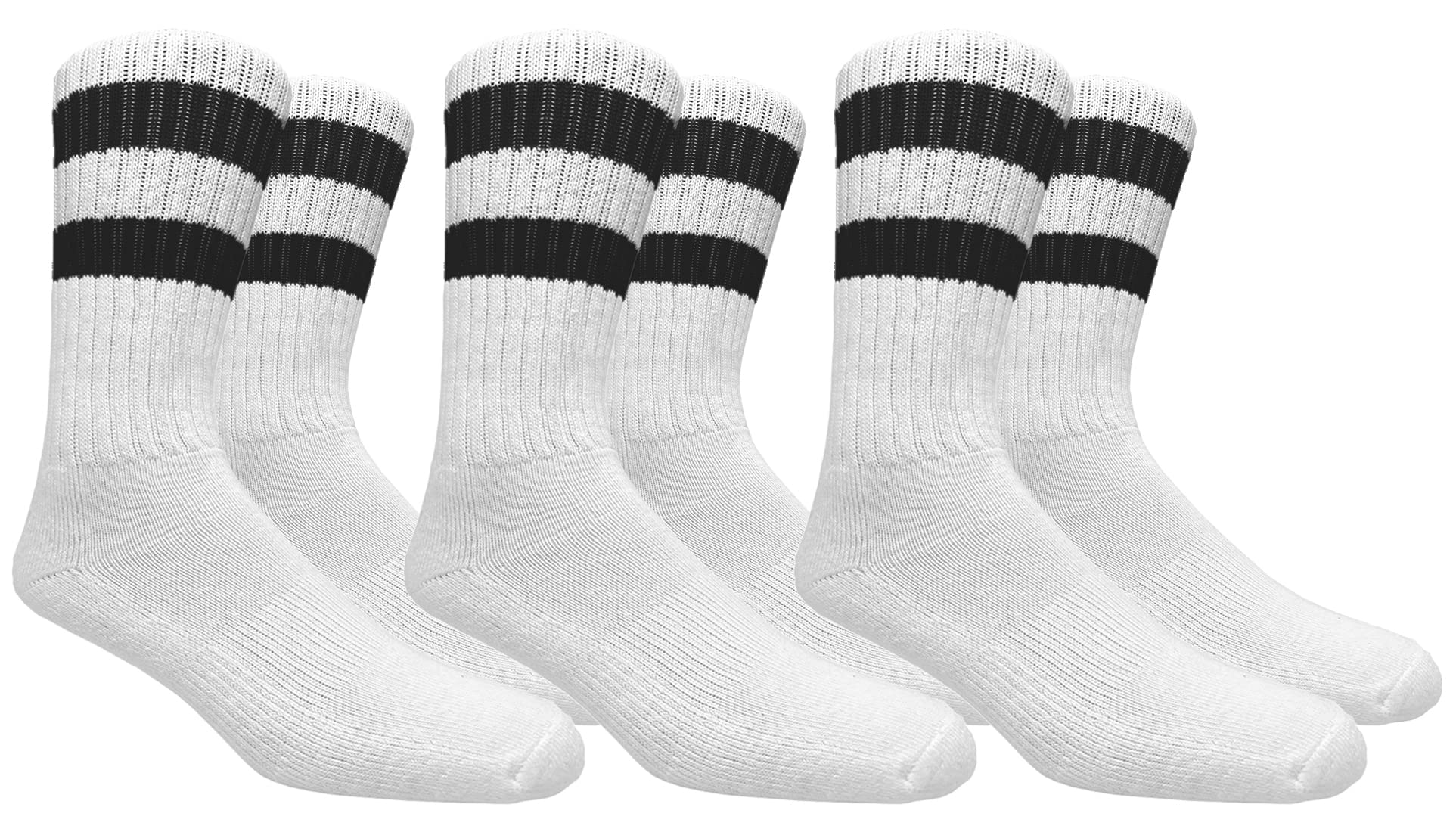 Running Mate Men's Stripe Crew Socks - 3 Pairs (White w/ Black Stripes)