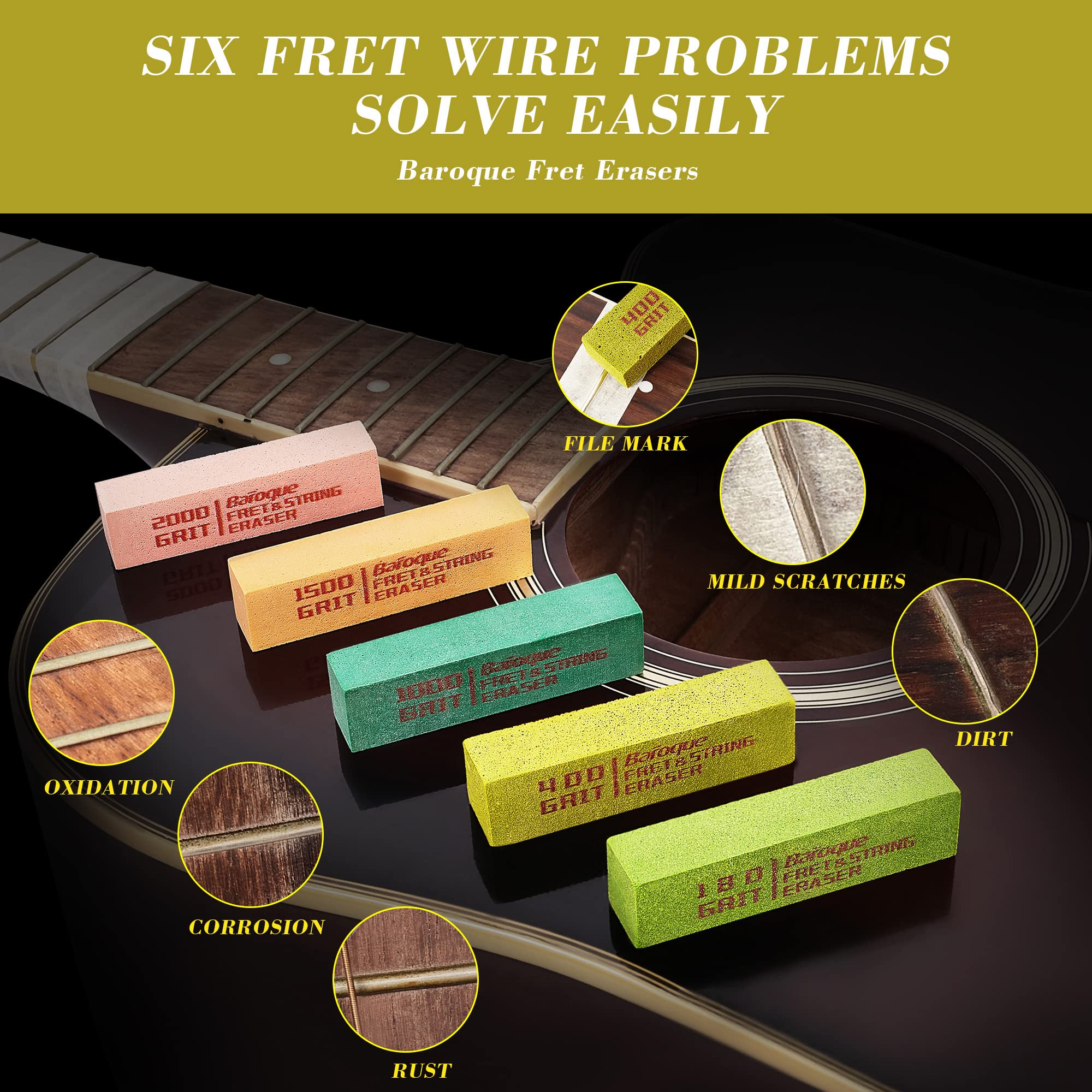 Guitar Fret Erasers, Fret Polishing Abrasive Rubber Blocks, Fret Cleaner Kit, Fret Polish Kit for Fretwire String and Metal, Set of 5 Grits (180 & 400 & 1000 & 1500 & 2000 Grit)