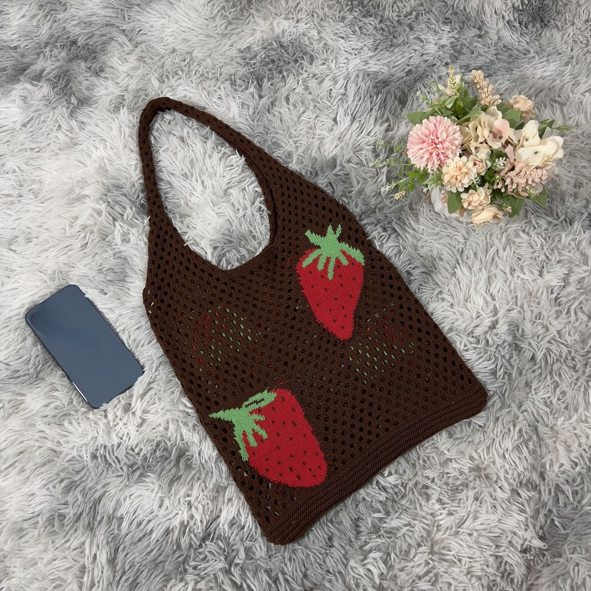 Alafime Women's Shoulder Handbags Aesthetic Knitted Hobo Bag Cute Hollow Strawberry Bag Y2K Underarm Bag Beach Bag Y2K Shoulder Cute Flower Knitting Tote (Brown)