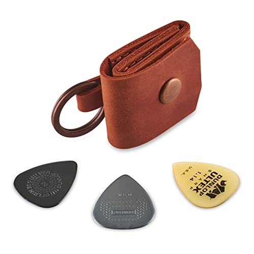 Leather Guitar Pick Holder Keychain, Guitar Pick Holder Case Bag, Plectrum Key Fob Cases Bag, Gift for Guitar Players (Cognac)