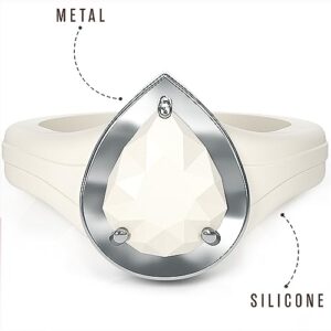 Rinfit Silicone Rings Women - Promise Ring, Silicone Wedding Bands for Her - Metal Framed Silicone Pear -Pack F: White/Silver, Size 7