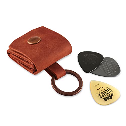 Leather Guitar Pick Holder Keychain, Guitar Pick Holder Case Bag, Plectrum Key Fob Cases Bag, Gift for Guitar Players (Cognac)