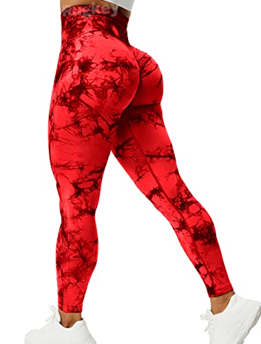 Rugkey Scrunch Butt Lift Leggings for Women Tie Dye High Waist Seamless Gym Workout Yoga Pants Ruched Booty Compression Tights Red XL