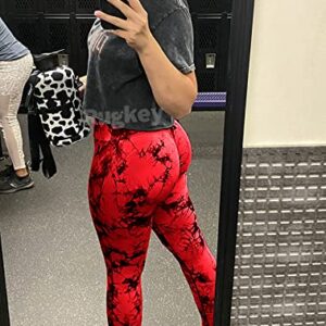 Rugkey Scrunch Butt Lift Leggings for Women Tie Dye High Waist Seamless Gym Workout Yoga Pants Ruched Booty Compression Tights Red XL