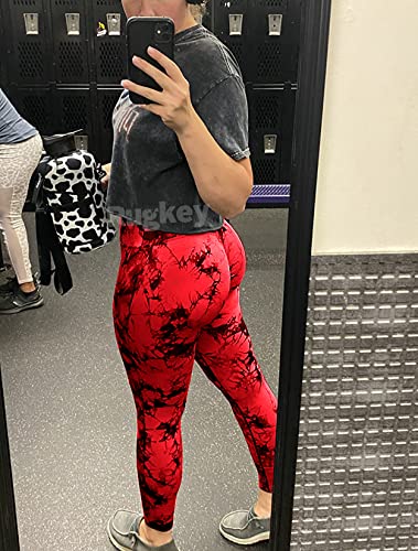 Rugkey Scrunch Butt Lift Leggings for Women Tie Dye High Waist Seamless Gym Workout Yoga Pants Ruched Booty Compression Tights Red XL