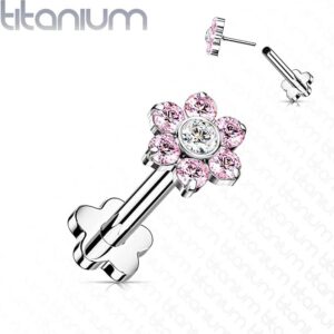 Covet Jewelry Titanium Threadless Push in Flower Base Labret With CZ Flower Top (Pink)