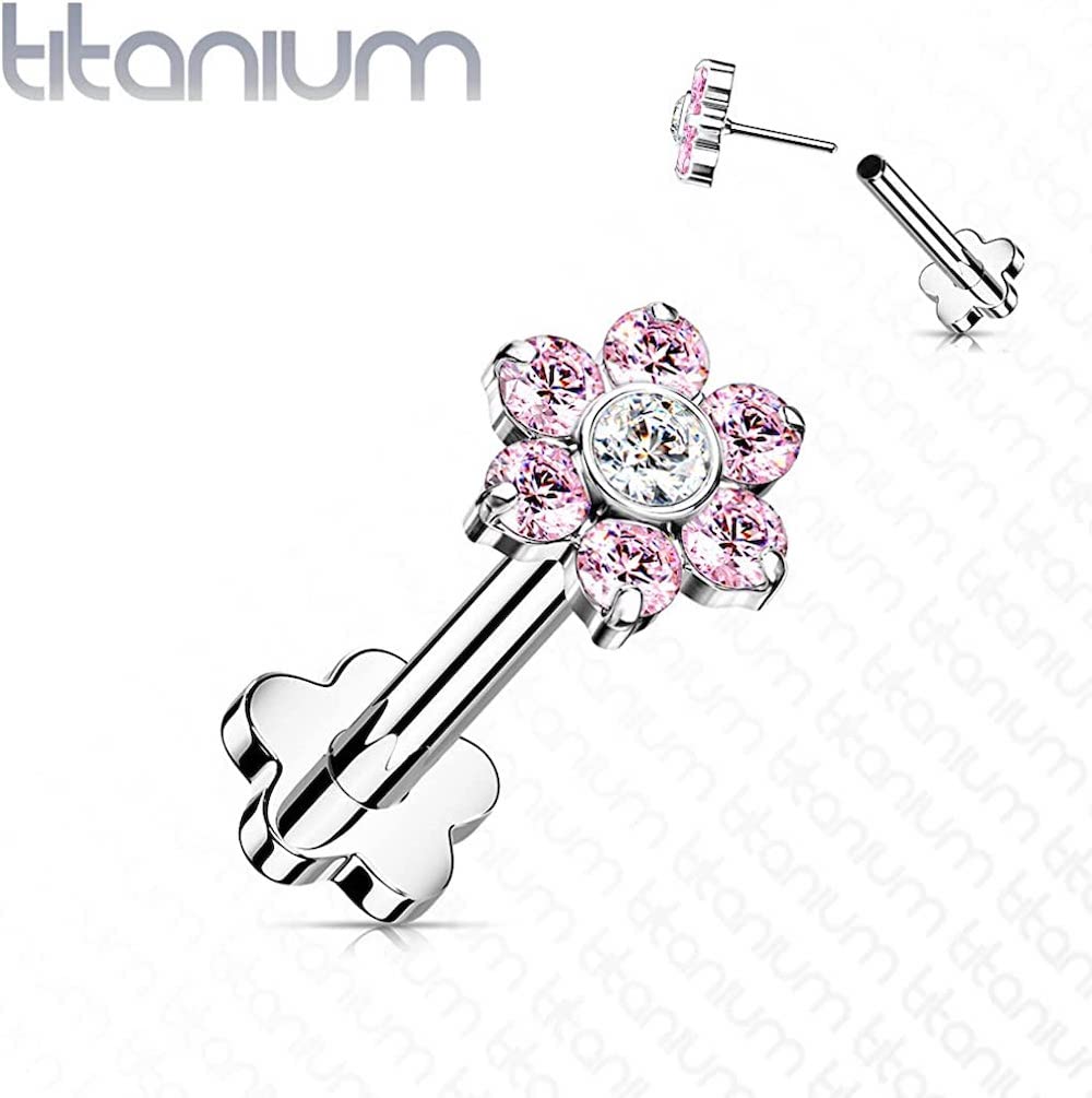 Covet Jewelry Titanium Threadless Push in Flower Base Labret With CZ Flower Top (Pink)