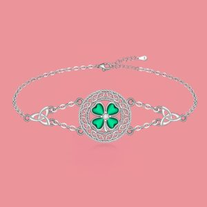 Shamrock Four Leaf Clover Bracelet for Women St Patricks Day Bracelet Sterling Silver Celtic Knot Irish Green 4 Leaf Clover Shamrock Bracelets Jewelry Charm Good Luck Gifts