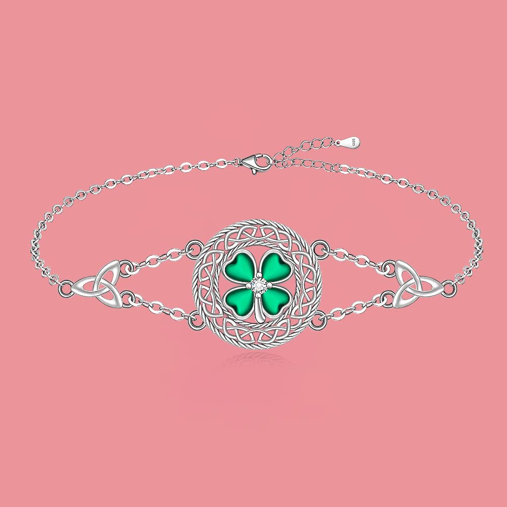 Shamrock Four Leaf Clover Bracelet for Women St Patricks Day Bracelet Sterling Silver Celtic Knot Irish Green 4 Leaf Clover Shamrock Bracelets Jewelry Charm Good Luck Gifts