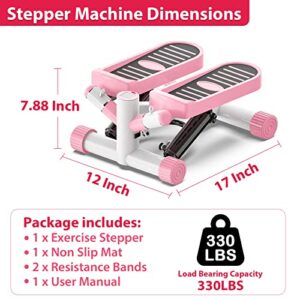 Kweetle Steppers for Exercise, Mini Stair Stepper with Resistance Bands & Mat, Stepper Machine 330lbs Bearing Capacity with LCD Display for Home Office Workout Training, Pink