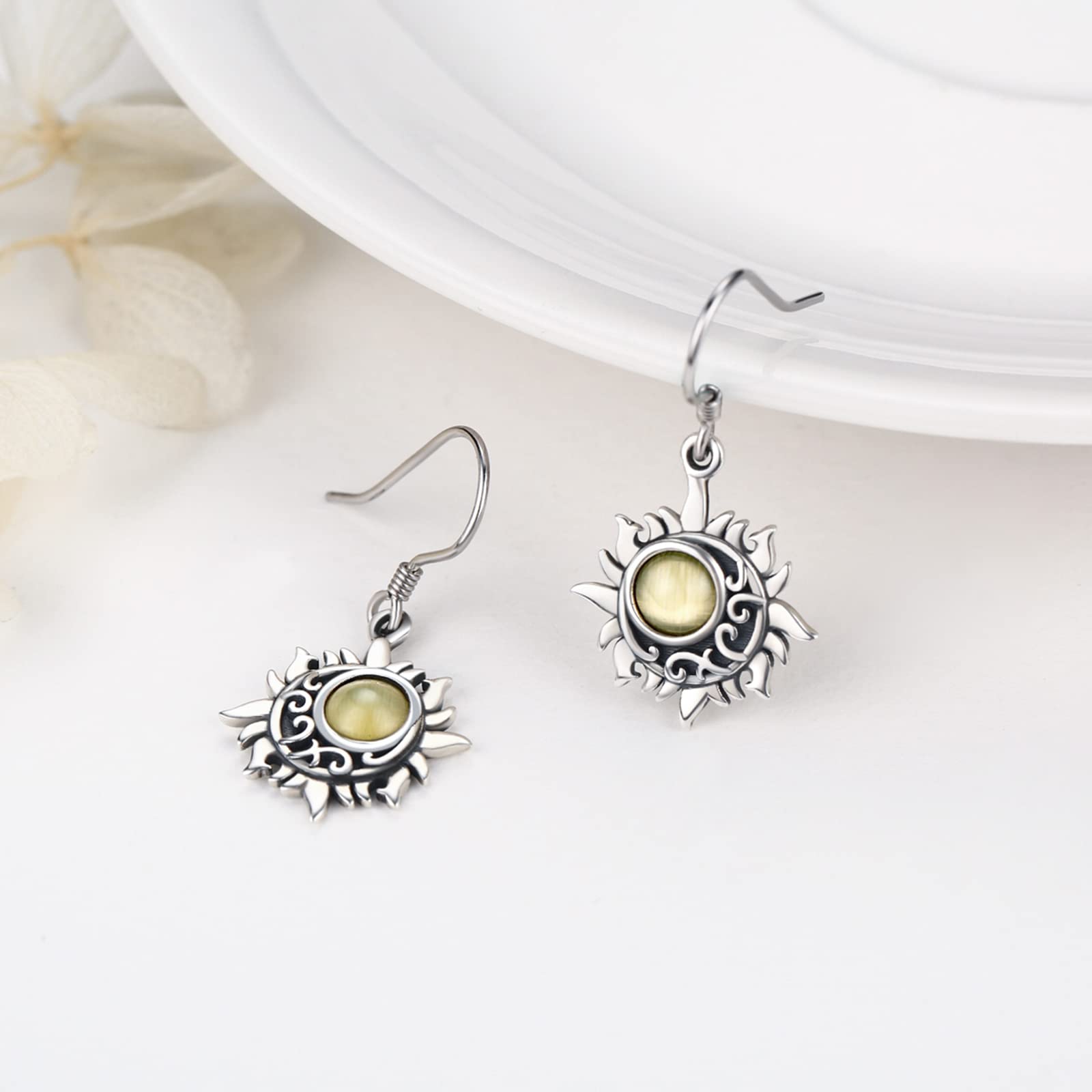 Sun Dangle Earrings for Women 925 Sterling Silver Cat Eye Stone Drop Earring Jewelry Gift for Friend